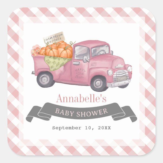 Pink Pumpkin Truck Gingham Girl Baby Shower Square Sticker (Front)