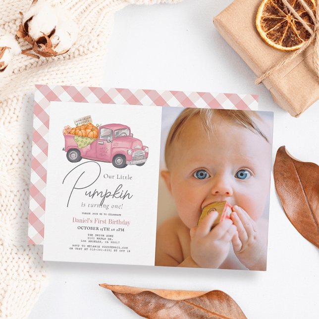 Pink Pumpkin Truck Gingham Girl Photo 1st Birthday Invitation (Creator Uploaded)
