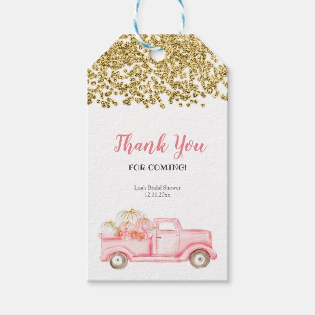 Pink Pumpkin Truck Gold Faux Thank You Tag (Front)
