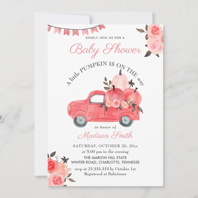 Pink Pumpkin Truck Roses | Baby Shower Invitation (Front)