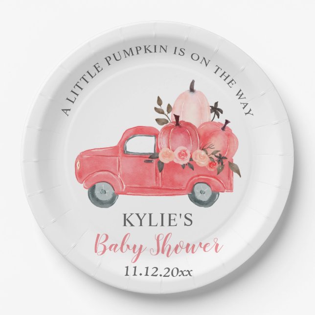 Pink Pumpkin Truck Roses | Baby Shower Paper Plate (Front)