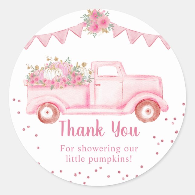 Pink Pumpkin Truck Twin Thank You Classic Round Sticker (Front)