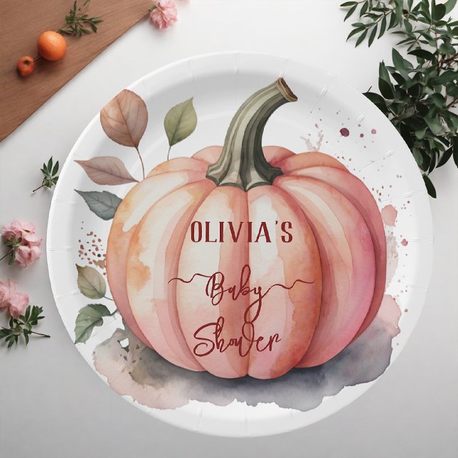 Pink Pumpkin Watercolor Boho Baby Girl Shower Paper Plate (Creator Uploaded)