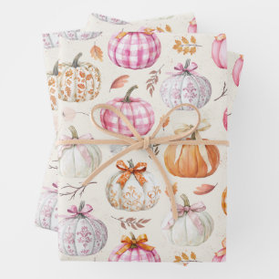 Pink Pumpkin Watercolor Fall Coquette Pattern Wrapping Paper Sheet
