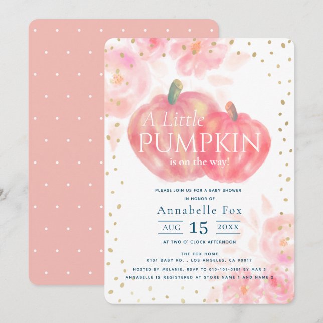 Pink Pumpkin Watercolor Fall Girl Baby Shower Invitation (Front/Back)