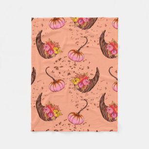 Pink Pumpkin with Autumn Leaves and Horns Fleece Blanket