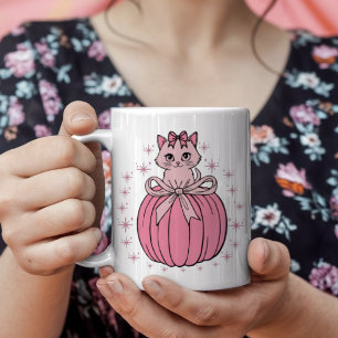 Pink Pumpkin With Cute Cat  Coffee Mug