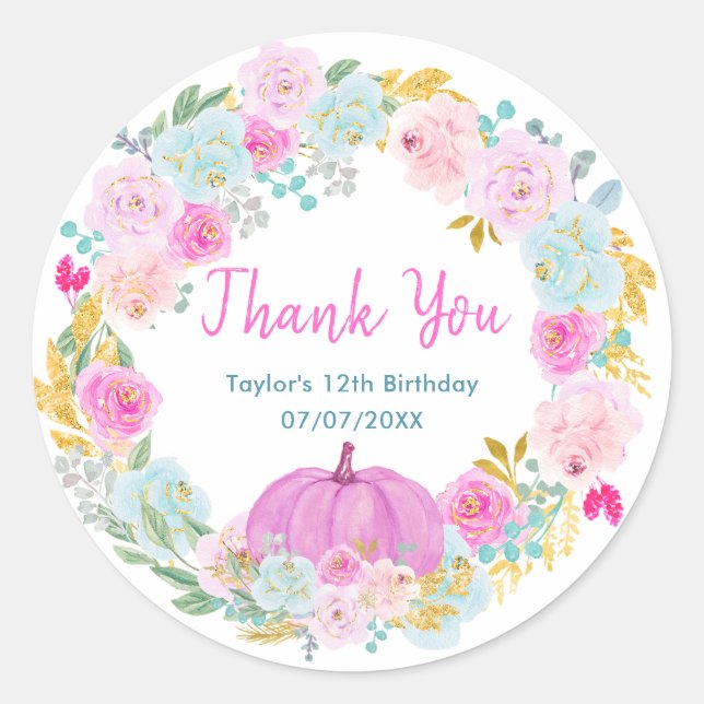 Pink Pumpkin Wreath Birthday Party Thank You Classic Round Sticker (Front)