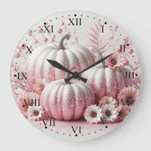 Pink Pumpkins and Flowers with Roman Numerals Large Clock