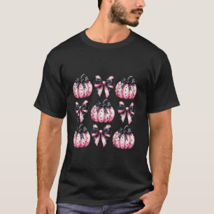 Pink Pumpkins Coquette Black Bow Halloween Autumn  T-Shirt