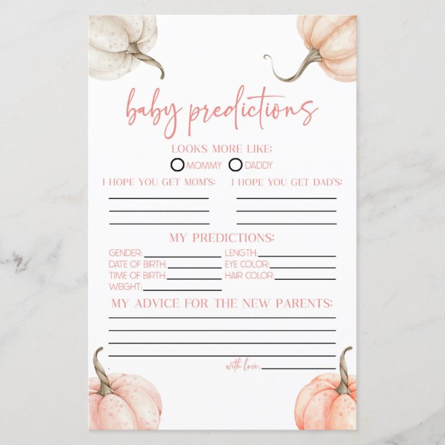 Pink Pumpkins Fall Baby Shower Predictions Game (Front)