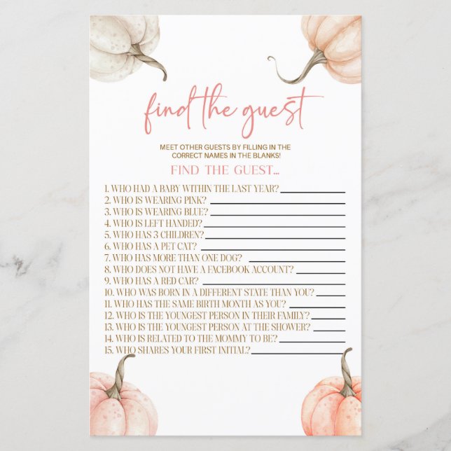 Pink Pumpkins Fall Find The Guest Baby Shower Game (Front)