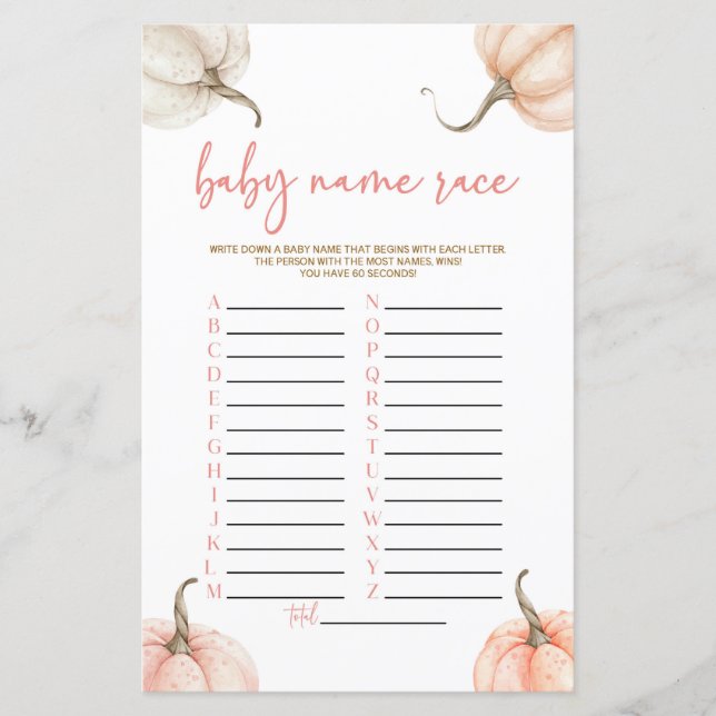 Pink Pumpkins Fall Name Race Baby Shower Game (Front)