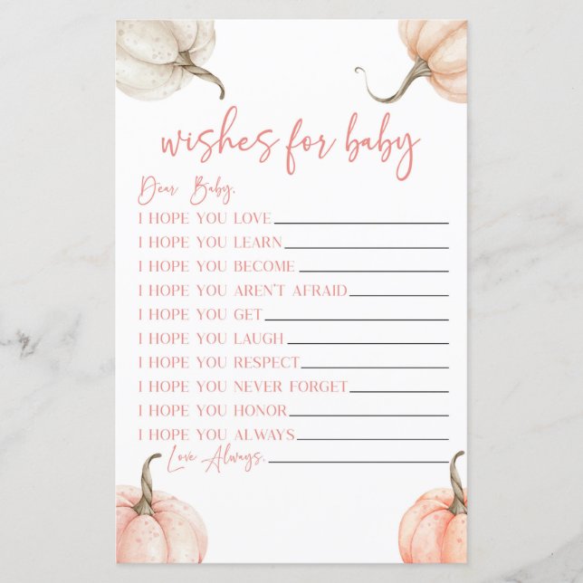 Pink Pumpkins Fall Wishes For Baby Shower Game (Front)