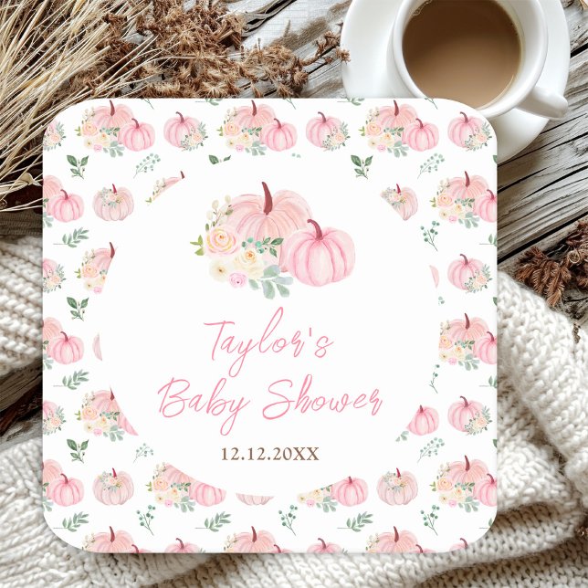 Pink Pumpkins Floral Baby Shower Square Paper Coaster (Creator Uploaded)
