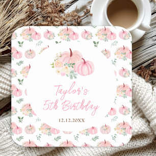 Pink Pumpkins Floral Birthday Party Square Paper Coaster