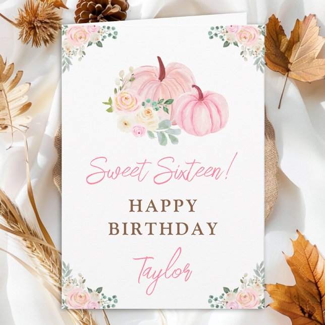 Pink Pumpkins Floral Sweet Sixteen Birthday Card (Creator Uploaded)