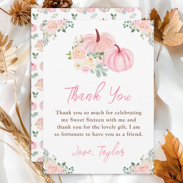 Pink Pumpkins Floral Sweet Sixteen Thank You Card (Creator Uploaded)