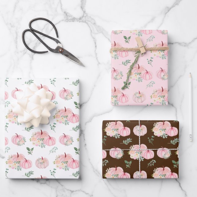 Pink Pumpkins Floral Wrapping Paper Sheet (Front)