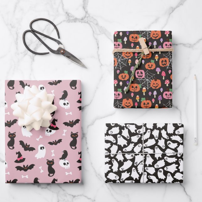 Pink Pumpkins Ghosts Skulls Halloween Patterns Wrapping Paper Sheet (Front)