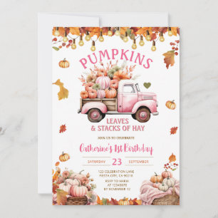Pink Pumpkins Leaves and Stacks of Hay Birthday Invitation