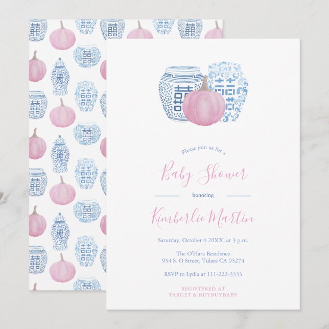 Pink Pumpkins Preppy Little Girl Baby Shower Invitation (Front/Back)