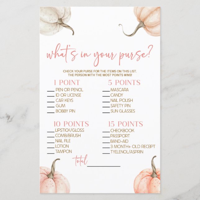 Pink Pumpkins What's In Purse Baby Shower Game (Front)