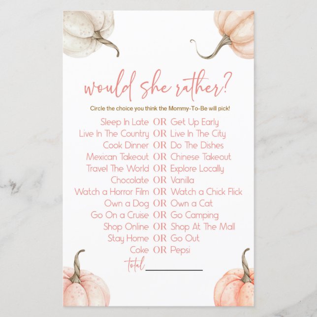 Pink Pumpkins Would She Rather Baby Shower Game (Front)