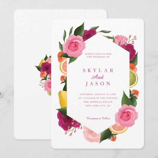 Pink Punch Watercolour Fruity Citrus Floral White Invitation (Front/Back)