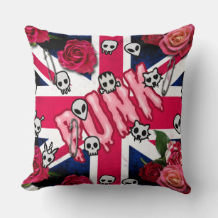 Pink Punk Grunge Union Jack with Emojis and Roses Cushion