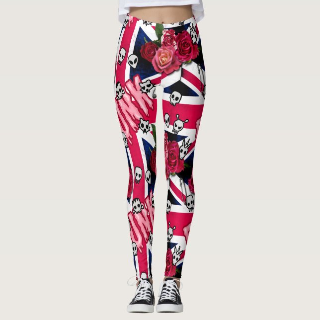 Pink Punk Grunge Union Jack with Emojis and Roses Leggings (Front)
