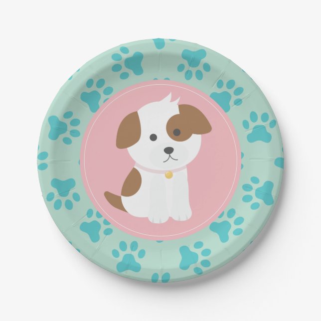Pink Puppy birthday party plates paw prints (Front)