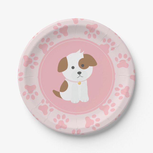 Pink Puppy birthday party plates paw prints (Front)