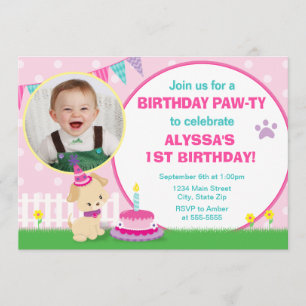Pink Puppy Dog Birthday Invitation 5x7 Photo Card