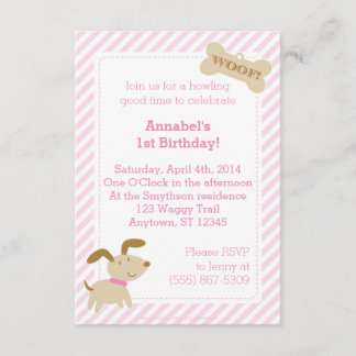 Pink Puppy Dog Invitation with Stripes and Dots