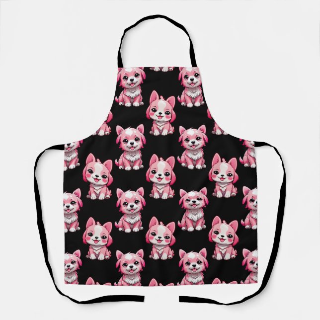 Pink Puppy Dog Pattern Design - Black  Apron (Front)