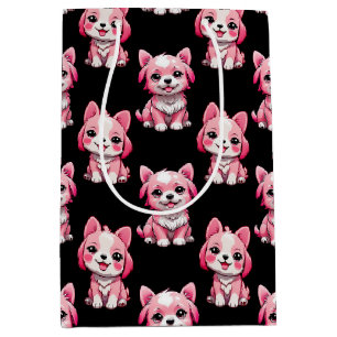 Pink Puppy Dog Pattern Design - Black  Medium Gift Bag