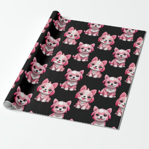 Pink Puppy Dog Pattern Design - Black Wrapping Paper