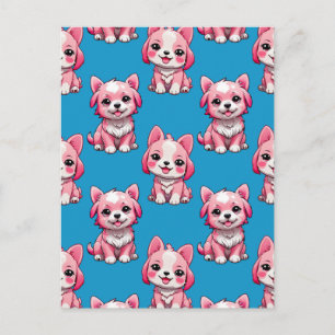 Pink Puppy Dog Pattern Design - Blue Postcard