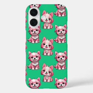Pink Puppy Dog Pattern Design - Green iPhone 16 Case
