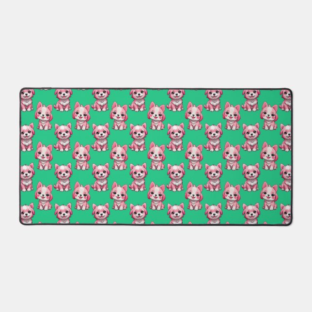 Pink Puppy Dog Pattern Design - Green  Desk Mat (Front)