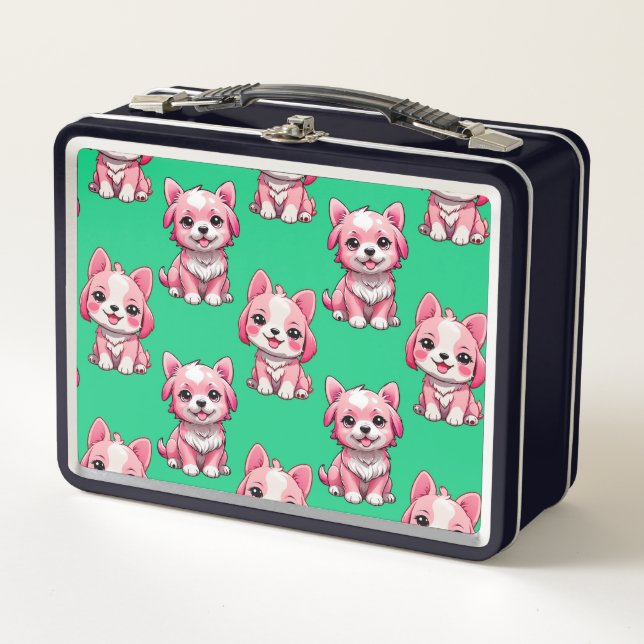 Pink Puppy Dog Pattern Design - Green  Metal Lunch Box (Front)