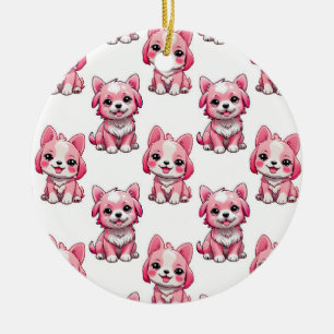 Pink Puppy Dog Pattern Design - white Ceramic Tree Decoration