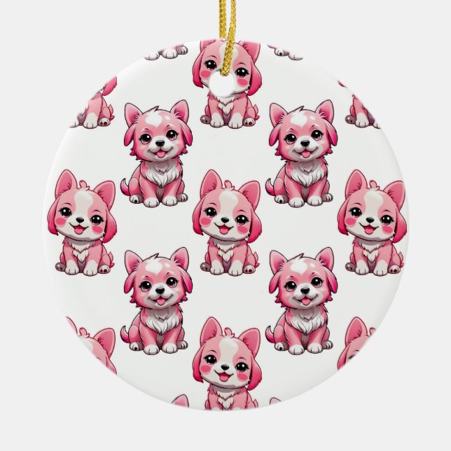 Pink Puppy Dog Pattern Design - white  Ceramic Tree Decoration (Front)