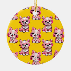 Pink Puppy Dog Pattern Design - Yellow Ceramic Tree Decoration
