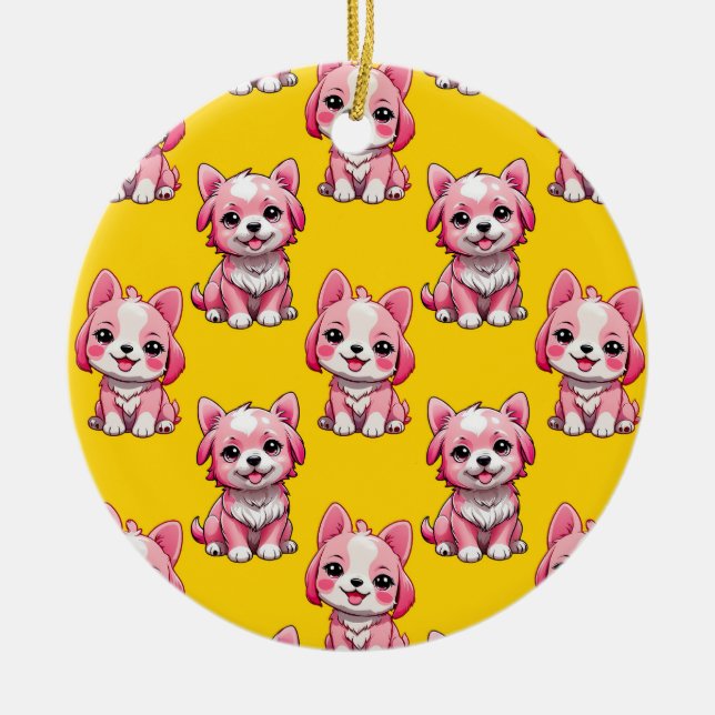 Pink Puppy Dog Pattern Design - Yellow  Ceramic Tree Decoration (Front)