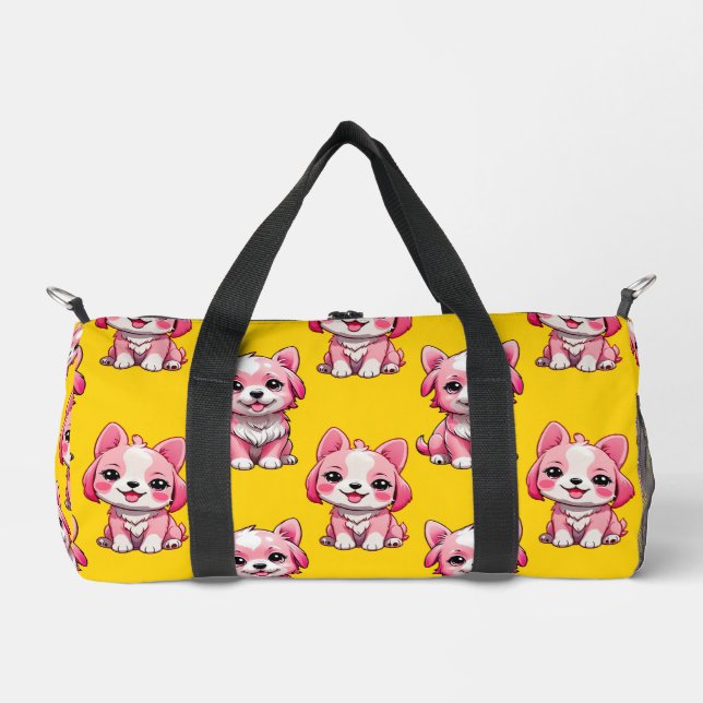 Pink Puppy Dog Pattern Design - Yellow  Duffle Bag (Front)