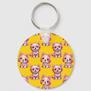 Pink Puppy Dog Pattern Design - Yellow Key Ring