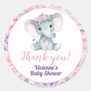 Pink Puprle Elephant Floral Sticker Thank You Tag