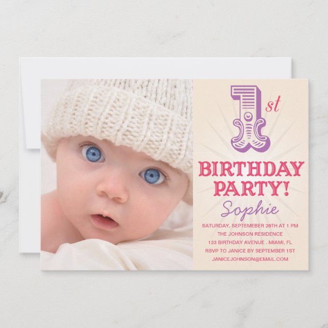 PINK & PURPLE 1ST  | FIRST BIRTHDAY INVITATION (Front)
